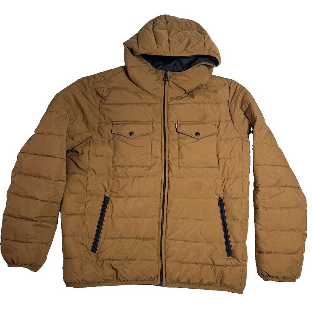 Levi's Men's L Brown Quilted Pockets Jacket Parka Puffer Hoodie Winter Hood EUC